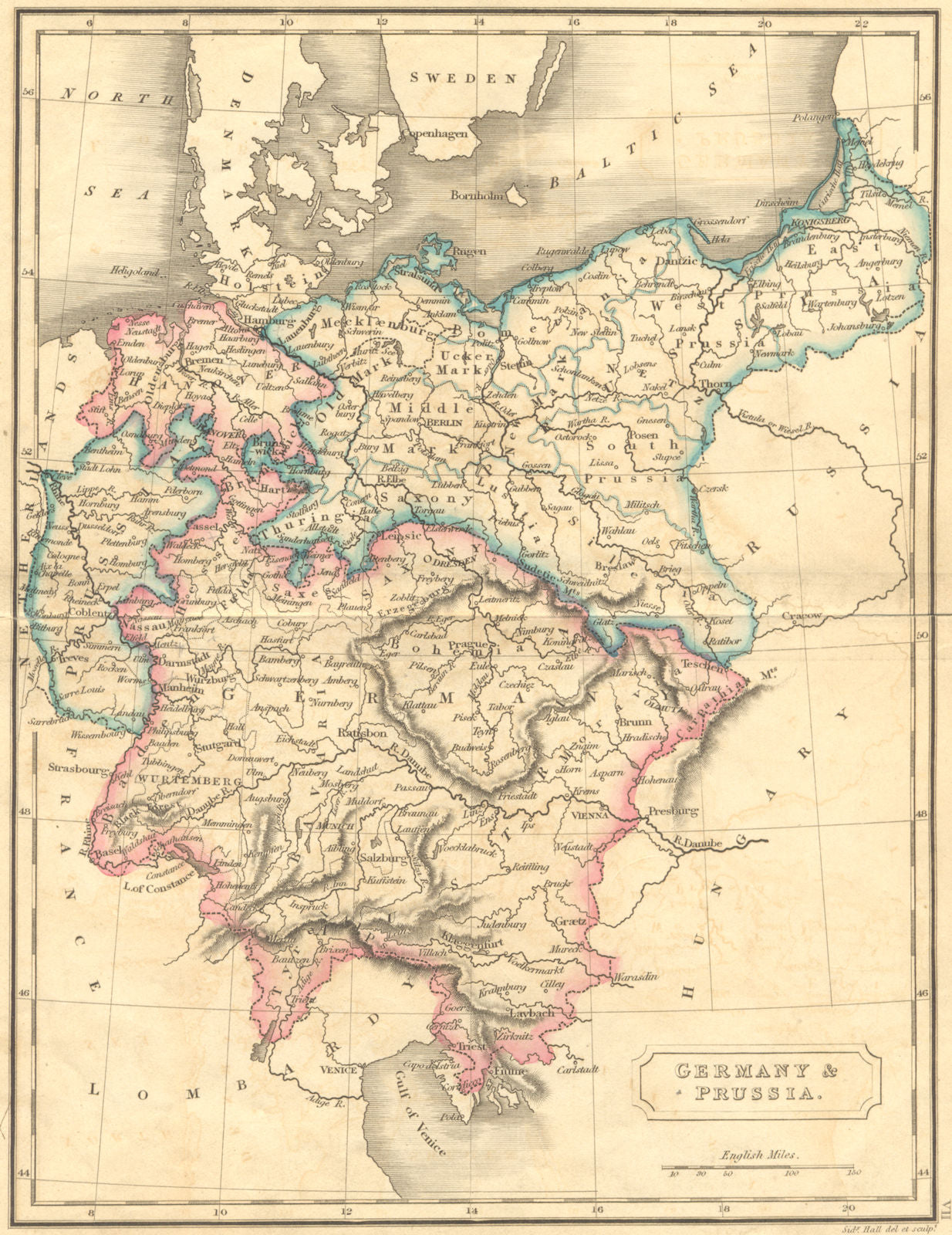 GERMANY. & Prussia. Hall 1822 old antique vintage map plan chart